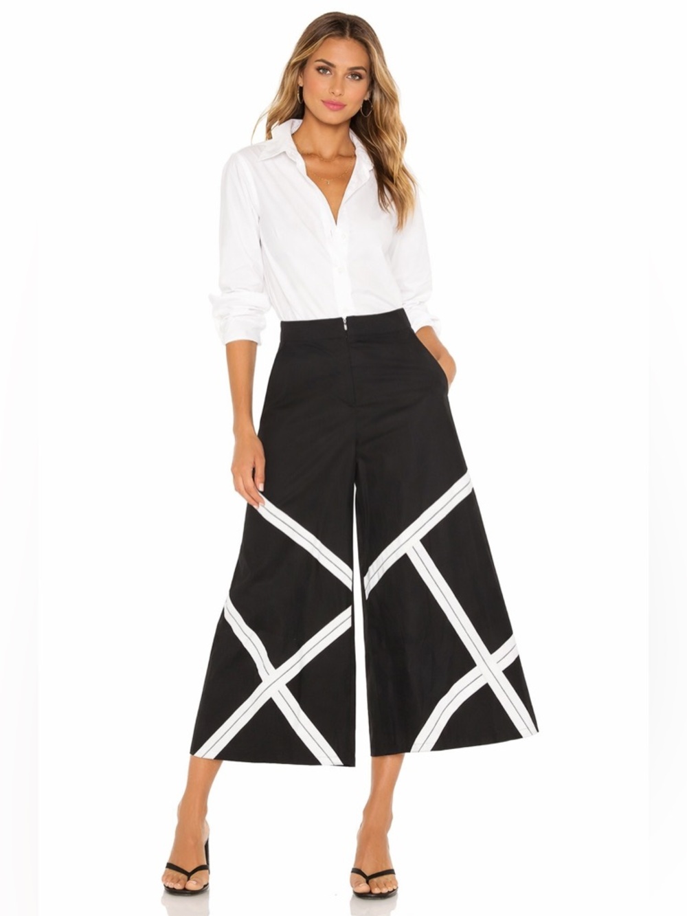 Ozai N Ku Wide Leg Pants Black White Stripe High Waist Cropped Resort Medium